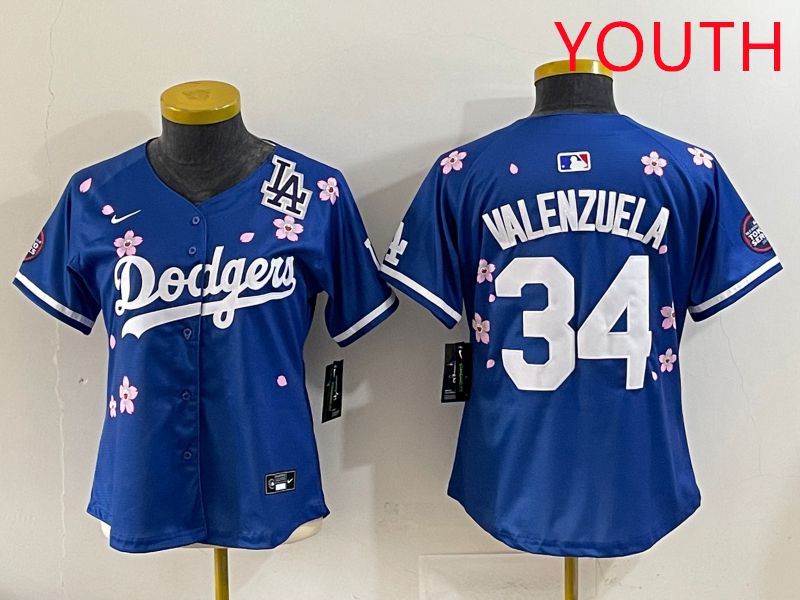Youth Los Angeles Dodgers 34 Valenzuela Blue Sakura Edition 2025 Nike MLB Jersey style 39